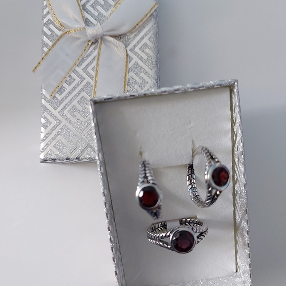 Garnet Oxidized Hoop Earrings & Ring Set, 925S.S - Picture 3 of 13
